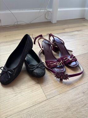 White House Black Market Black Sparkle Ballet Flats & Burgundy Slingback Sandals